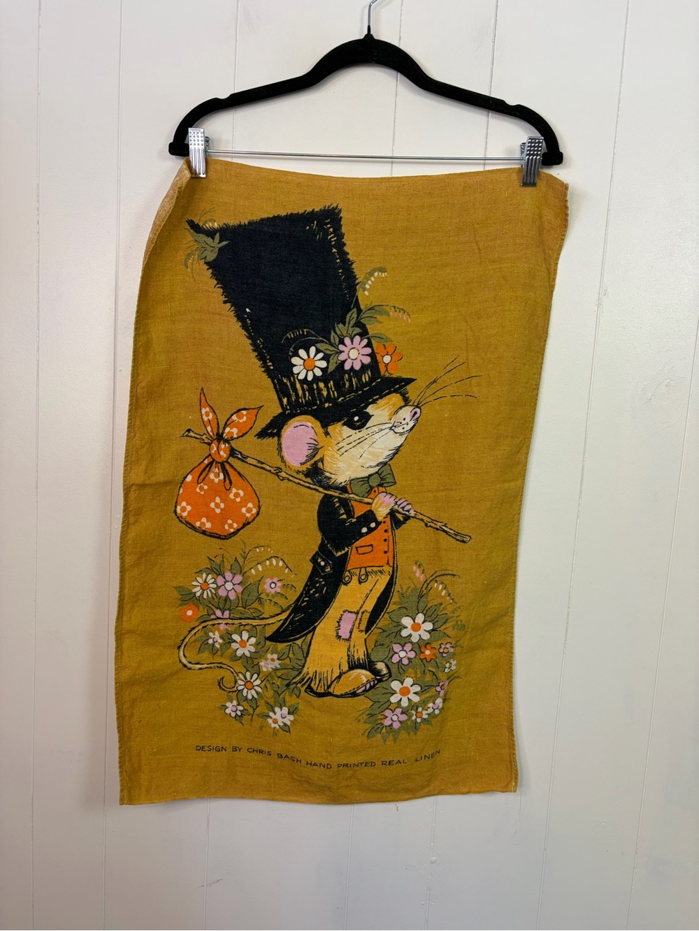 Vintage Chris Bash Kitsch Orange Linen Tea Towel Mouse Hat Floral Cottagecore
